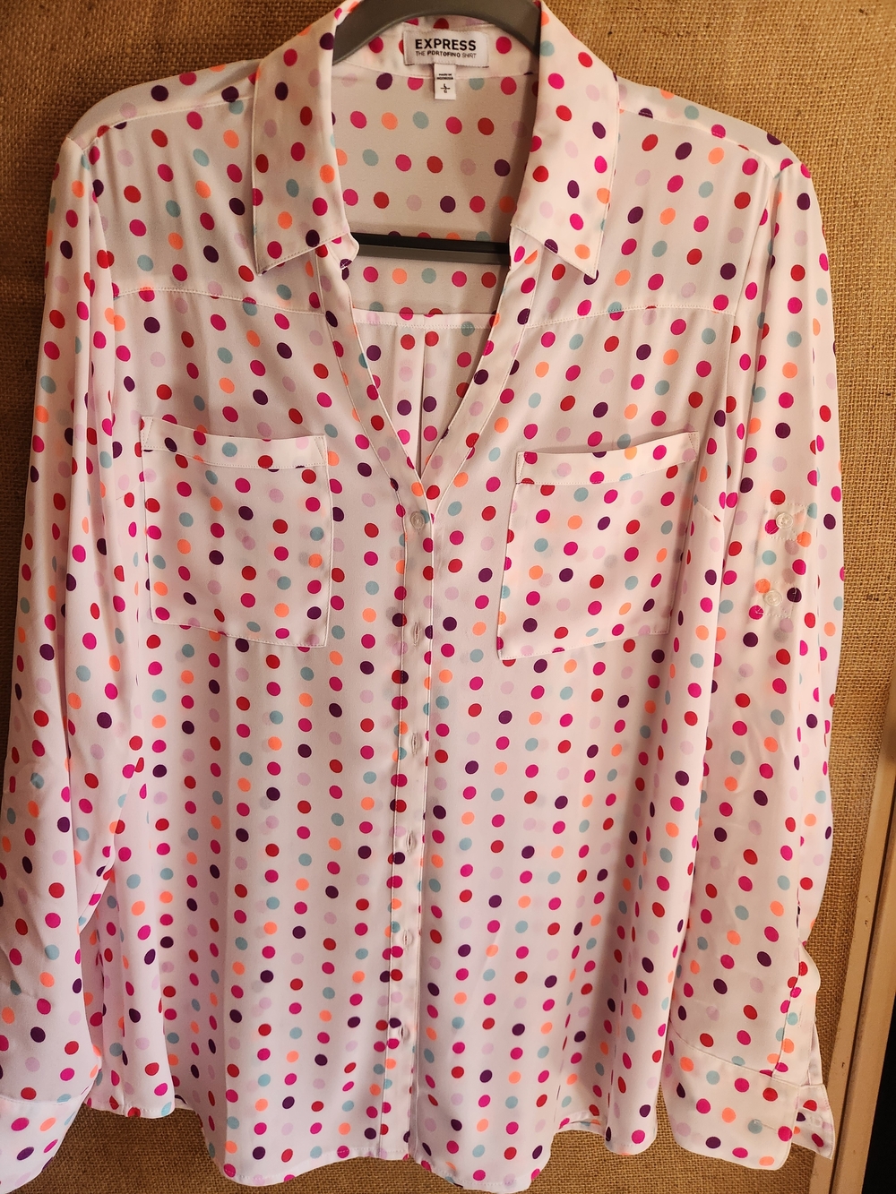 NWOT Express White Polka Dot Button-Up Blouse with Multi Colored Dots